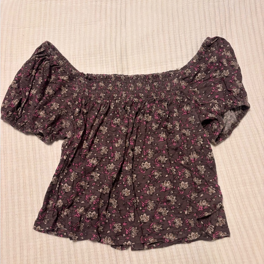Lucky Brand Floral Smocked Blouse - Pink and Gray